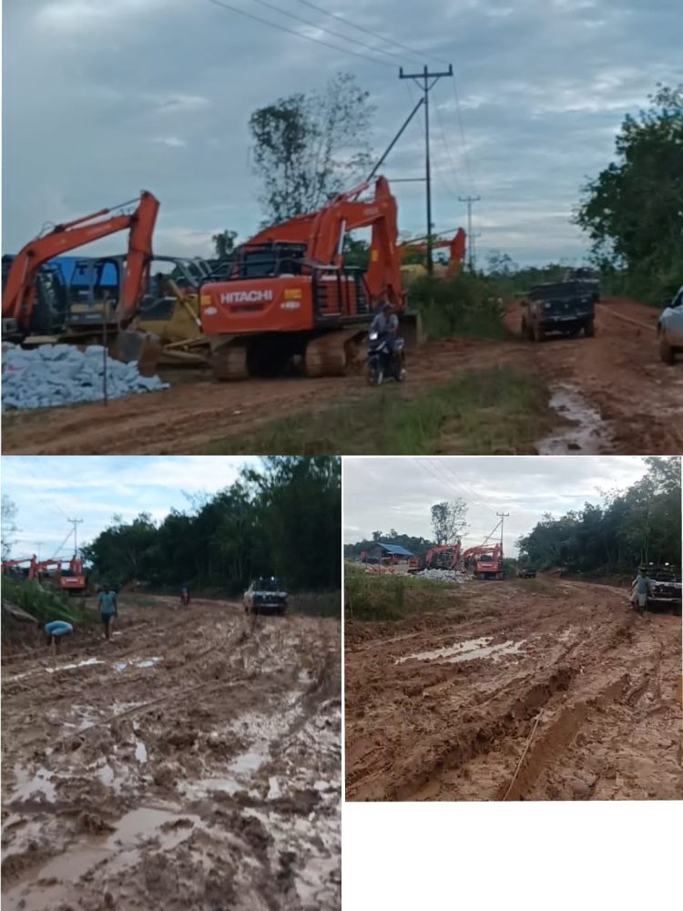 IRONIS! Alat Berat Nganggur di Depan Pondok Bupati, Jalan Manding Rusak Parah